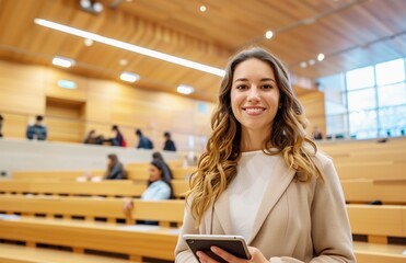 Smiling Female Student with Tablet in Lecture Hall