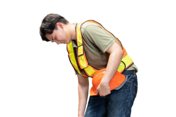 Asian male worker accident at work during working on transparent background. Worker have sick while working on transparent background