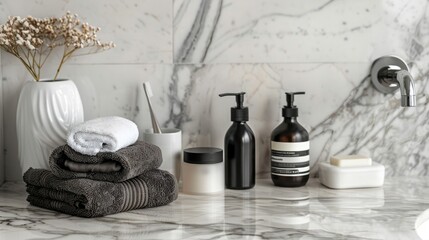 Hair care products arranged elegantly on a marble countertop