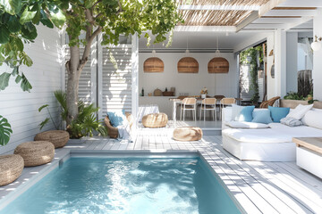 Sleek minimalist patio in Sydney coastal home, cool blue and white palette, noon light enhancing open space with weathered wood and ceramic accents