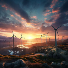 wind turbines in the sunset - obrazy, fototapety, plakaty