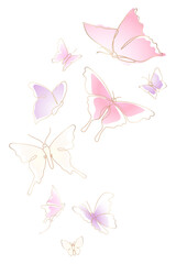 Flying butterfly png sticker, pastel pink line art clipart set
