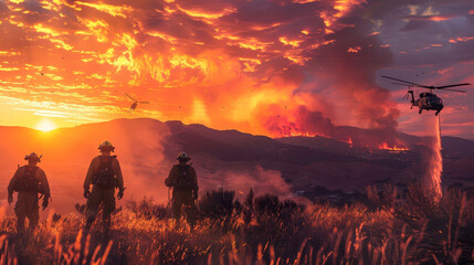 Firefighting crew and aerial support work relentlessly against a vivid sunset sky to control a raging wildfire in the hills.