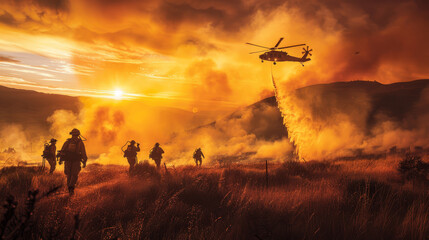 Fototapeta na wymiar Firefighting crew and aerial support work relentlessly against a vivid sunset sky to control a raging wildfire in the hills.