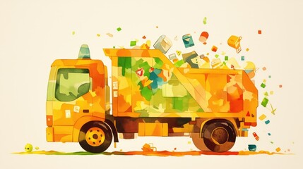 A watercolor silhouette of a toy garbage truck stands out against a clean white background