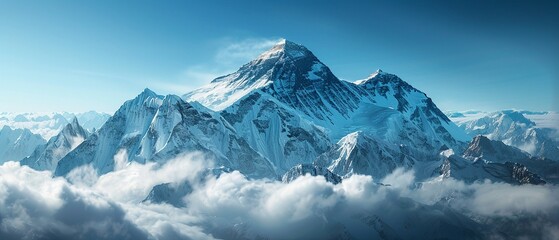 The majestic Mount Everest peering through the clouds, with a clear blue sky and rugged terrain foreground, highlighting the allure of the Himalayas