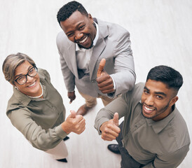 Top view, thumbs up and portrait with business people for agreement, partnership and diversity in...