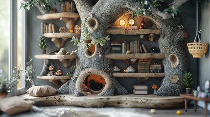Enchanted forest theme with tree-shaped shelves and woodland critter decor.