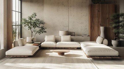 minimalist Japandi style living room, simplicity, natural elements, white and earth tones, 16:9