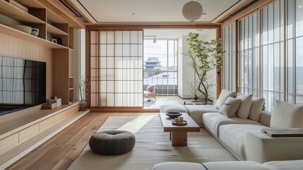 minimalist Japandi style living room, simplicity, natural elements, white and earth tones, 16:9