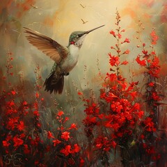 A hummingbird hovering over bright red flowers, wings in a blur, showcasing the delicate balance of nature