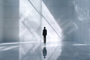 Fototapeta premium In a room adorned with ceramic tiles, a solitary figure stands against a backdrop of pristine white.
