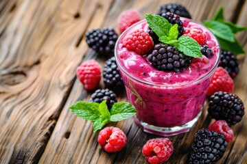 Raspberries and black berries smoothie glass drink