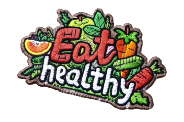 Eat Healthy slogan with mixed fruits and vegetables embroidery. Embroidered patch badge showcasing healthy food choices with an encouraging message isolated on transparent background. Health-conscious