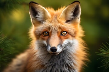A fox is sitting in the woods looking at the camera
