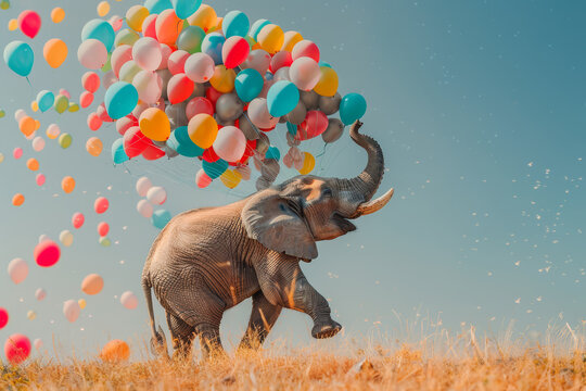 Elephant With Balloons Walking on Savannah