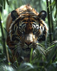 A powerful tiger stealthily moving through the jungle underbrush, eyes focused and intent on its prey