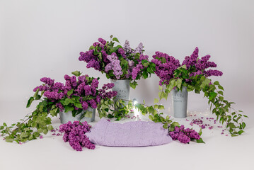 bouquet of flowers in a vase. An enchanting photo zone featuring bouquets of lilac in light gray vases and a soft lilac throw blanket on a light background, creating a cozy and elegant atmosphere