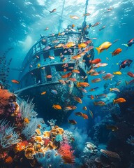 A school of colorful fish swimming around a sunken shipwreck, teeming with life, under the crystalclear blue sea