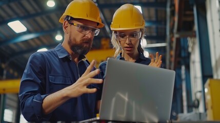 Male and Female Industrial Engineers in Hard Hats Discuss New Project while Using Laptop. They Make Showing Gestures.They Work in a Heavy Industry Manufacturing Factory
