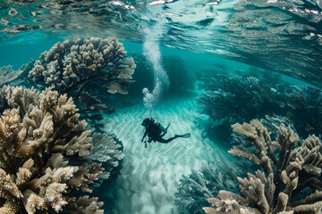 Naklejka na ściany i meble Divers Exploring Tropical Coral Reef Underwater