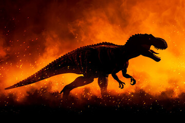 Majestic fiery orange Tyrannosaurus silhouette, roaring with power.