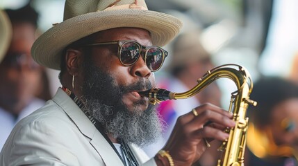 New Orleans Jazz & Heritage Festival, celebrating the rich heritage of jazz in Louisiana --ar 16:9 --stylize 250 Job ID: 26ffb011-10bc-4b3f-b37c-db2c93e69859 - obrazy, fototapety, plakaty