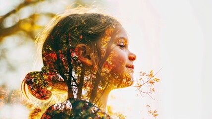 The closeup double exposure between the caucasian young girl and the beautiful vividly nature that the picture, it stands for the peaceful of the life or relaxation with the beautiful nature. AIGX01. - obrazy, fototapety, plakaty