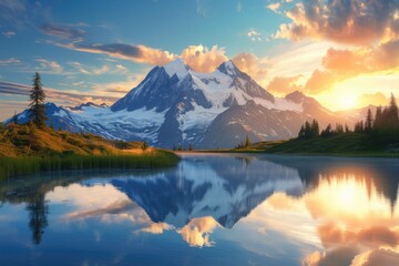 Fototapeta na wymiar A majestic mountain landscape at sunset, snow-capped peaks, a crystal-clear lake reflecting the vibrant sky, serene nature. Resplendent.