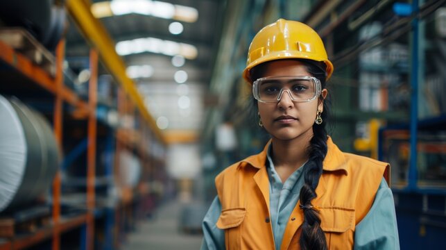 Portrait Indian woman worker supervisor with engineer safety suit work in large factory warehouse
