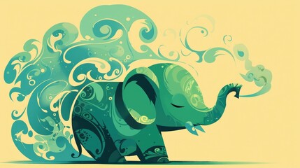 A whimsical emerald hued cartoon elephant