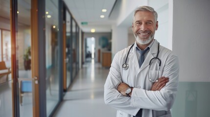 Portrait of happy mature doctor with folded arms standing at hospital hallway. Confident male doctor in a labcoat and stethoscope looking at camera with satisfaction. Smiling general practitioner