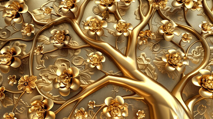 abstract background with gold life tree ornament and flowers. 3d