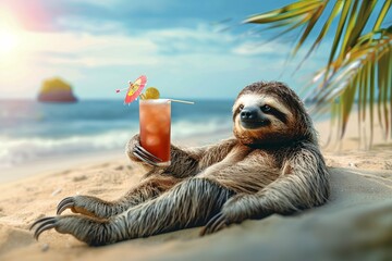 cute sloth relax on beach with cocktail