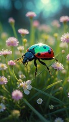 ladybug on green grass surrounded by flowers