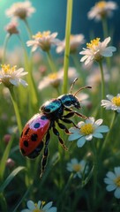 ladybug on green grass surrounded by flowers