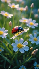 ladybug on green grass surrounded by flowers