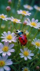 ladybug on green grass surrounded by flowers