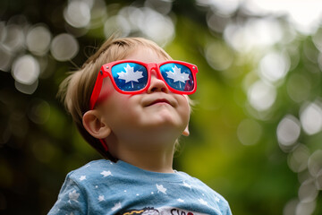 Joyful child in Canada Day celebration sunglasses with maple leaf design. - obrazy, fototapety, plakaty