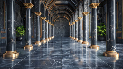 Elegant hallway with polished marble floors and ornate columns