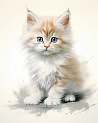 Kitten  Fluffy kitten in pastel tones, white backdrop , hand drawing