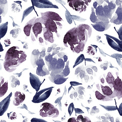 Watercolour floral in shades of purple, grey and indigo. Seamless pattern. - 789851995