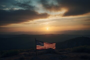 American flag in sunset background, American Independence Day, 4th July Holiday in America
