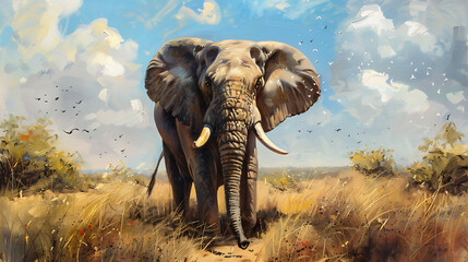 Fototapeta premium Oil painting wallpaper of elephants the symbol of power and power of greatness