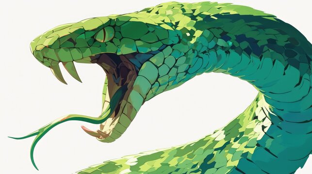 An animated green serpent is depicted solo against a white backdrop