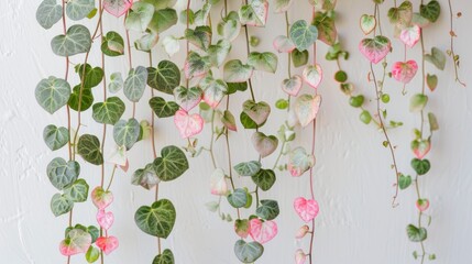 A variegated string of hearts (Ceropegia woodii) plant with cascading vines of heart-shaped leaves against a white wall.