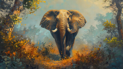Oil painting wallpaper of elephants the symbol of power and power of greatness - obrazy, fototapety, plakaty