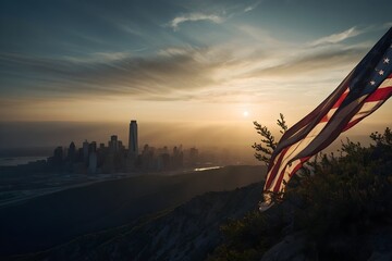 sunset over the American Flag, American Liberation Day, 4th July US Independence, Liberation day - obrazy, fototapety, plakaty