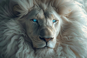 Majestic lion with piercing blue eyes, surrounded by a halo of white fur.