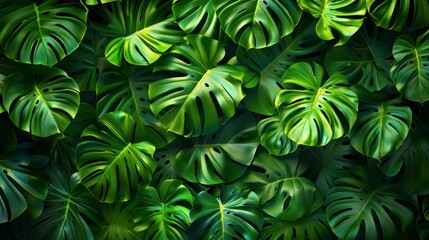 Dense green monstera leaves pattern with a play of light and shadow, creating a vibrant tropical foliage texture.